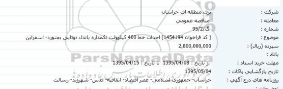 مناقصه, مناقصه احداث خط 400 کیلوولت تکمداره باندل دوتایی بجنورد - اسفراین