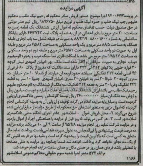 مزایده,مزایده ششدانگ زمین دویست متر در پرونده 940067/3