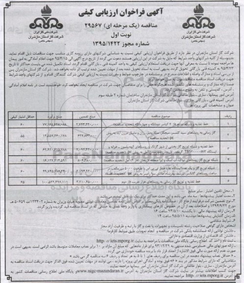 فراخوان ارزیابی , فراخوان ارزیابی خط تغذیه و شبکه توزیع فاز 2 کیاسر دودانگه و چهاردانگه  نوبت اول