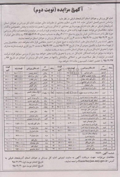 آگهی مزایده, مزایده واگذاری اداره و بهره برداری تعدادی از اماکن ورزشی به بخش خصوصی- نوبت دوم 