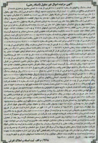 مزایده,مزایده ششدانگ پلاکهای شماره 597 و601 فرعی از 2005 اصلی