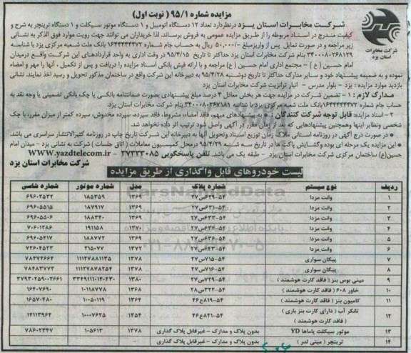 مزایده , مزایده فروش تعداد 12 دستگاه اتومبیل و 1 دستگاه موتورسیکلت و 1 دستگاه ترینچر 