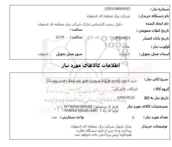 استعلام , استعلام خرید 6 عدد رله به همراه متروسل