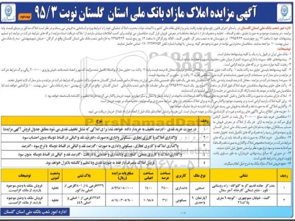 مزایده,مزایده املاک مازاد بانک ملی استان گلستان نوبت دوم 