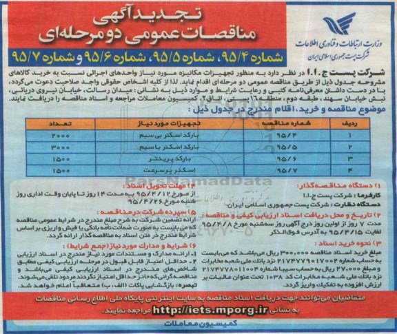 تجدید آگهی مناقصات دو مرحله ای , تجدید مناقصات عمومی بارکد اسکنر بی سیم....