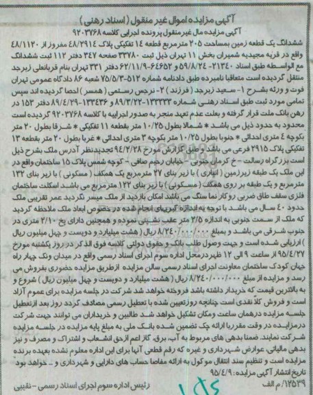 مزایده,مزایده ششدانگ زمین 205متر قطعه چهارده 