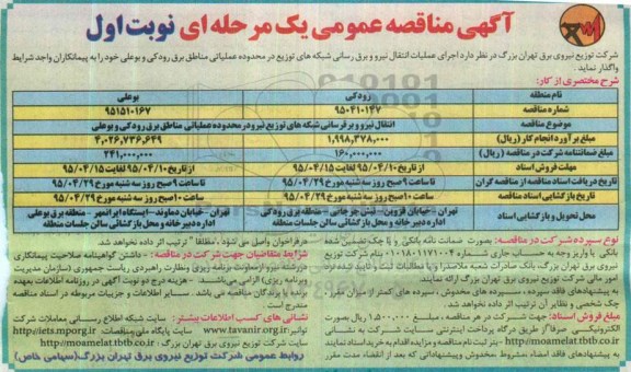 آگهی مناقصه عمومی یک مرحله ای, مناقصه انتقال نیرو برقرسانی شبکه های توزیع نیرو در محدوده عملیاتی مناطق برق رودکی و بوعلی 