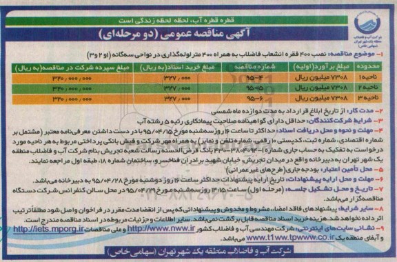 آگهی مناقصه عمومی دو مرحله ای ، مناقصه نصب 400 فقره انشعاب فاضلاب به همراه 400 متر لوله گذاری ...