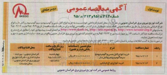 آگهی مناقصات عمومی, مناقصه خرید انواع کابل مسی و الومینیوم و....