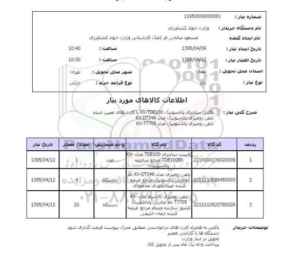 استعلام, استعلام باکس سانترال پاناسونیک KX-TDE100  با کارتهای تعیین شده....