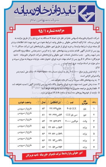 مزایده, مزایده فروش تعداد 7 دستگاه خودرو