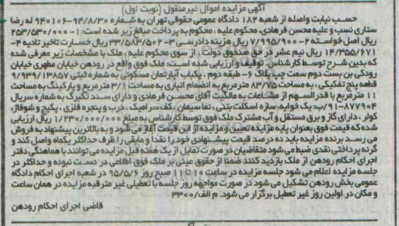 مزایده,مزایده اپارتمان مسکونی نوبت اول