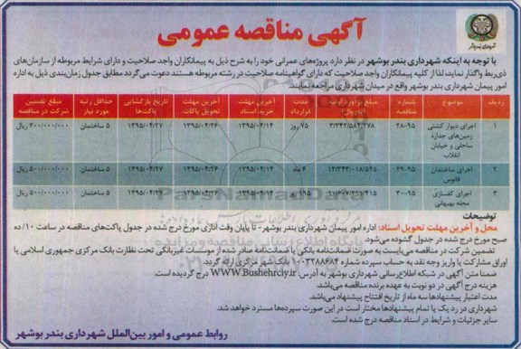 آگهی مناقصه عمومی, مناقصه اجرای دیوار کشتی زمین های جداره ساحلی و خیابان انقلاب