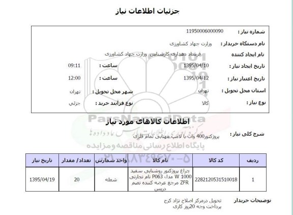 استعلام, استعلام پروژکتور 400 وات با لامپ مهتابی با قاب تمام فلزی 