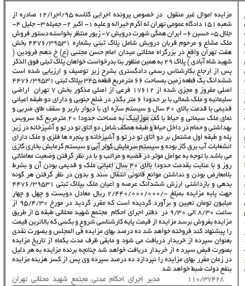 مزایده,مزایده پلاک ثبتی ششدانگ زمین 66متر 