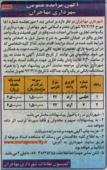 آگهی مزایده عمومی , مزایده بهره برداری از یک واحد تجاری ، خدماتی- نوبت دوم 