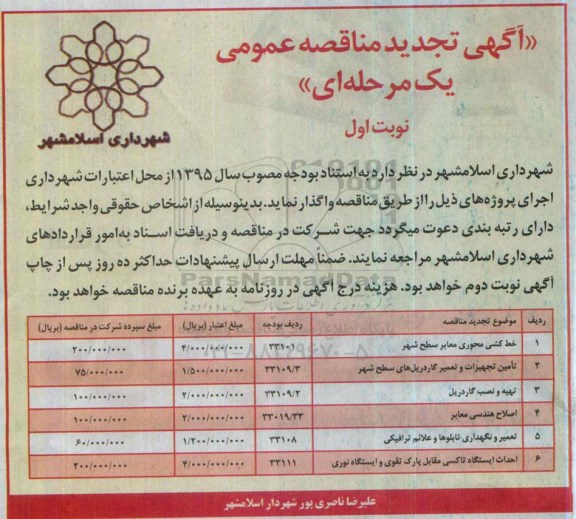 تجدید مناقصه ,  مناقصه خط کشی محوری معابر سطح شهر 