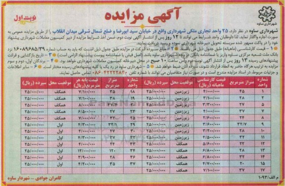 آگهی مزایده, مزایده واگذاری به صورت اجاره 25 واحد تجاری ملکی