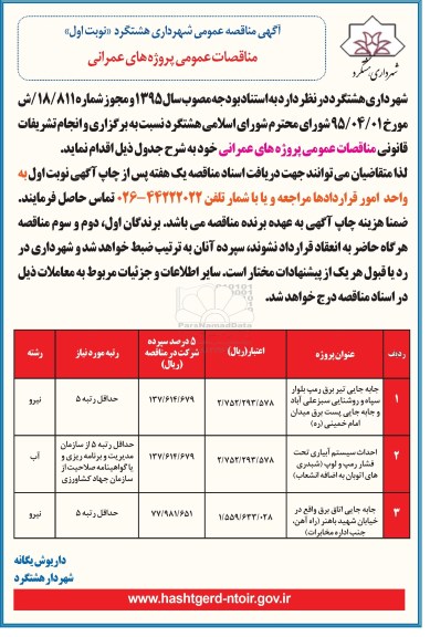 آگهی مناقصه عمومی , مناقصه جابه جایی تیر برق رمپ بلوار سپاه و روشنایی و ...