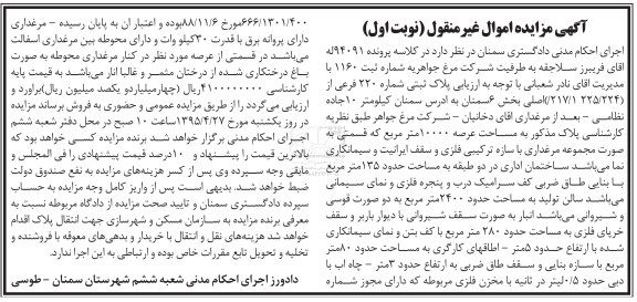 مزایده,مزایده پلاک ثبتی بخش شش سمنان عرصه 10000متر نوبت اول