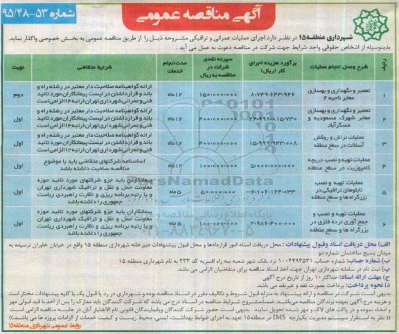 مناقصه , مناقصه  اجرای عملیات عمرانی و ترافیکی (تعمیر و نگهداری و بهسازی معابر ناحیه 4)