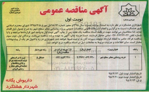 مناقصه , مناقصه خرید روشنایی معابر سطح شهر 