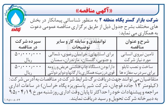 مناقصه  تامین نیروی انسانی مورد نیاز شرکت  ...