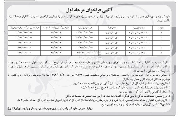 فراخوان مناقصه , فراخوان مناقصه ساخت 90 واحدی بهار 7... مرحله اول