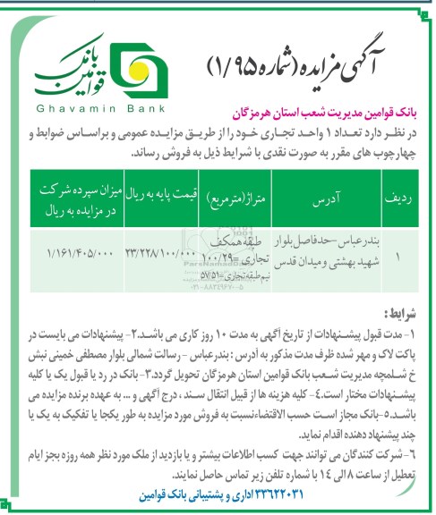 مزایده,مزایده فروش تعداد 1 واحد تجاری متراژ 100.29متر