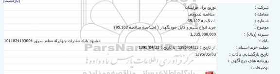 اصلاحیه مناقصه عمومی , مناقصه خرید انواع سیم ، کابل خودنگهدار-اصلاحیه 
