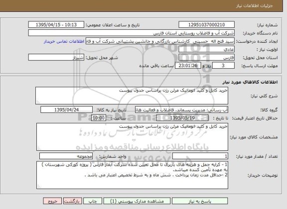 استعلام , استعلام خرید کابل و کلید اتوماتیک مرئن رژن