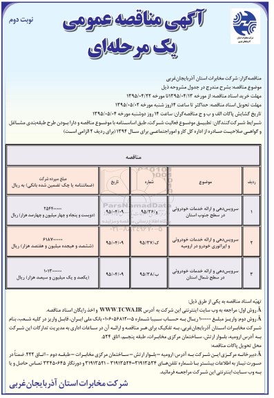 آگهی مناقصه عمومی, مناقصه سرویس دهی و ارائه خدمات خودروئی نوبت دوم 