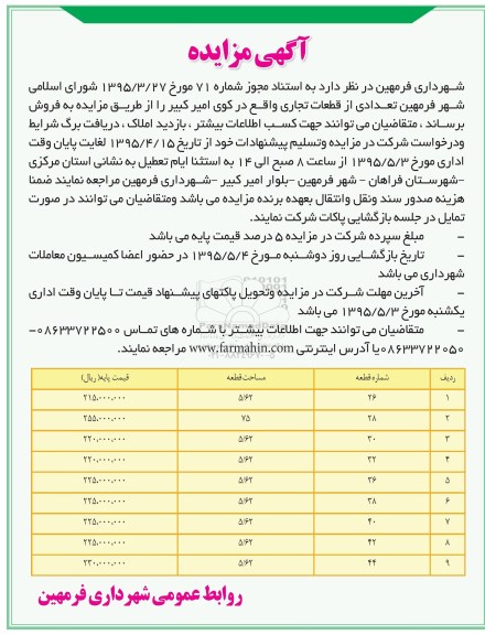 مزایده,مزایده فروش تعدادی از قطعات تجاری کوی امیرکبیر 