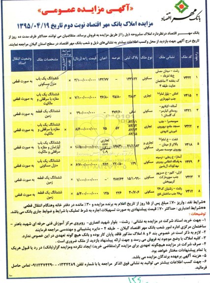 مزایده,مزایده املاک بانک مهر اقتصاد نوبت دوم
