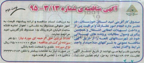 آگهی مناقصه,مناقصه انجام امور نظارت و مراقبت پس از پرداخت تسهیلات اعطایی اشتغال نوبت دوم 