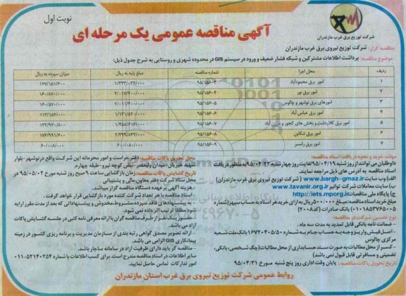 آگهی مناقصه عمومی یک مرحله ای ، مناقصه برداشت اطلاعات مشترکین و شبکه فشار ضعیف و ورود در سیستم GIS 