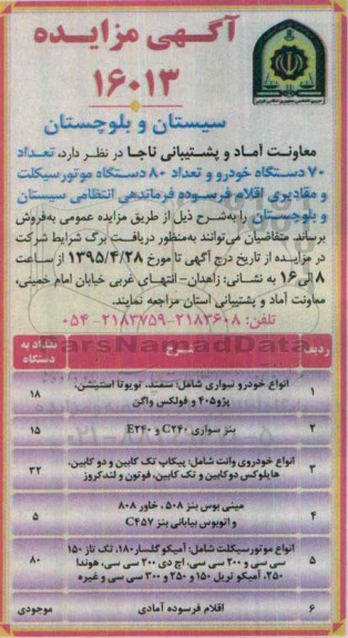 آگهی مزایده , مزایده فروش تعداد 70 دستگاه خودرو و تعداد 80 دستگاه موتورسیکلت 
