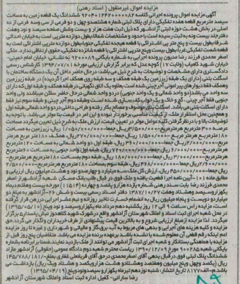 مزایده,مزایده ششدانگ زمین بخش هشت حوزه ثبتی ازادشهر