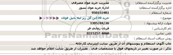 استعلام , استعلام خرید 120 تن گل زیر لبه پاتیل فولاد