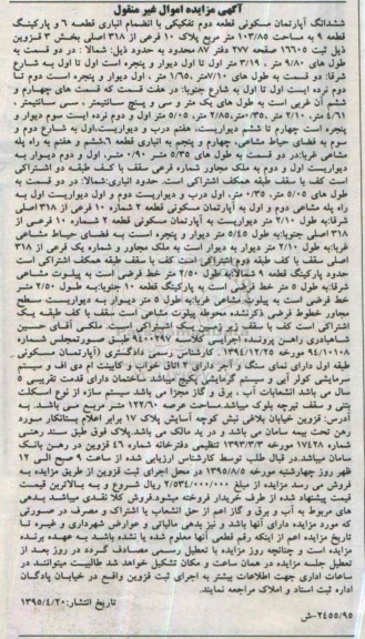 مزایده,مزایده ششدانگ اپارتمان مسکونی قطعه دوم به انضمام انباری