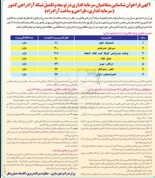 فراخوان , فراخوان توسعه و تکمیل شبکه آزاد راهی کشور