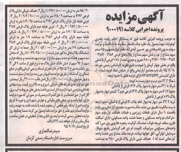مزایده,مزایده 19 سهم و 95 صدم سهم مشاع از 96 سهم مشاع از پلاکها