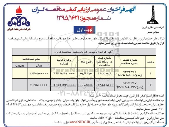 آگهی فراخوان عمومی ارزیابی کیفی مناقصه گران,مناقصه تأمین مواد ناریه و ...