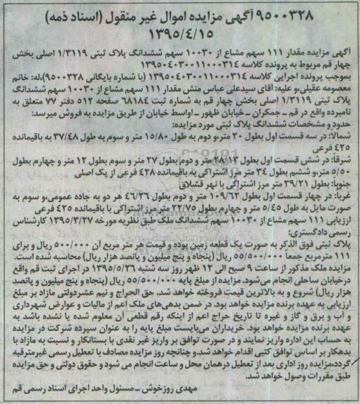 مزایده,مزایده مقدار 111 سهم مشاع از 10030 سهم ششدانگ پلاک ثبتی 