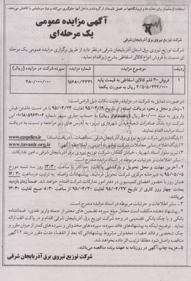 مزایده , مزایده فروش 30 قلم کالای اسقاطی