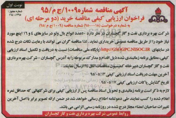 آگهی ارزیابی کیفی مناقصه عمومی , فراخوان خرید  50 عدد انواع بال ولو در سایزهای 4 و 16 اینچ مورد نیاز-95.4.22