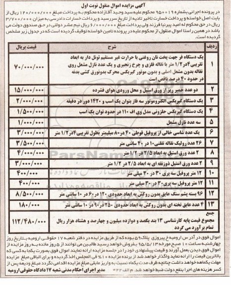 آگهی مزایده اموال منقول,مزایده یک دستگاه فر جهت پخت نان روغنی ، دو عدد خمیر ریز از ورق استیل.....