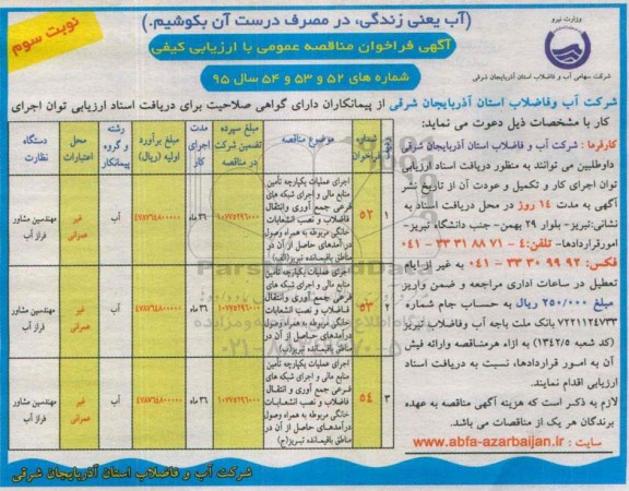 آگهی فراخوان مناقصه عمومی با ارزیابی کیفی, مناقصه اجرای عملیات یکپارچه تامین منابع مالی و اجرای شبکه های فرعی جمع آوری و انتقال فاضلاب و ... - نوبت سوم
