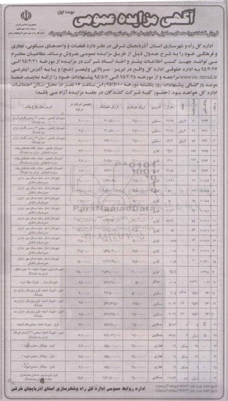 مزایده,مزایده فروش قطعات و واحدهای مسکونی تجاری فرهنگی