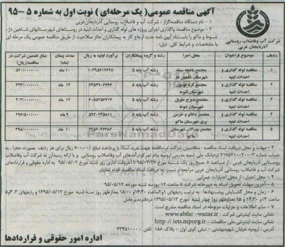 مناقصه ,  مناقصه لوله گذاری و احداث ابنیه ....